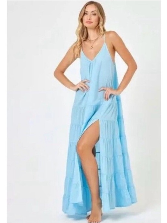 l*space Goldie Cover Up - Light Blue Tiered V-Neck Maxi Coverup with Side Slit - Picture 3 of 5